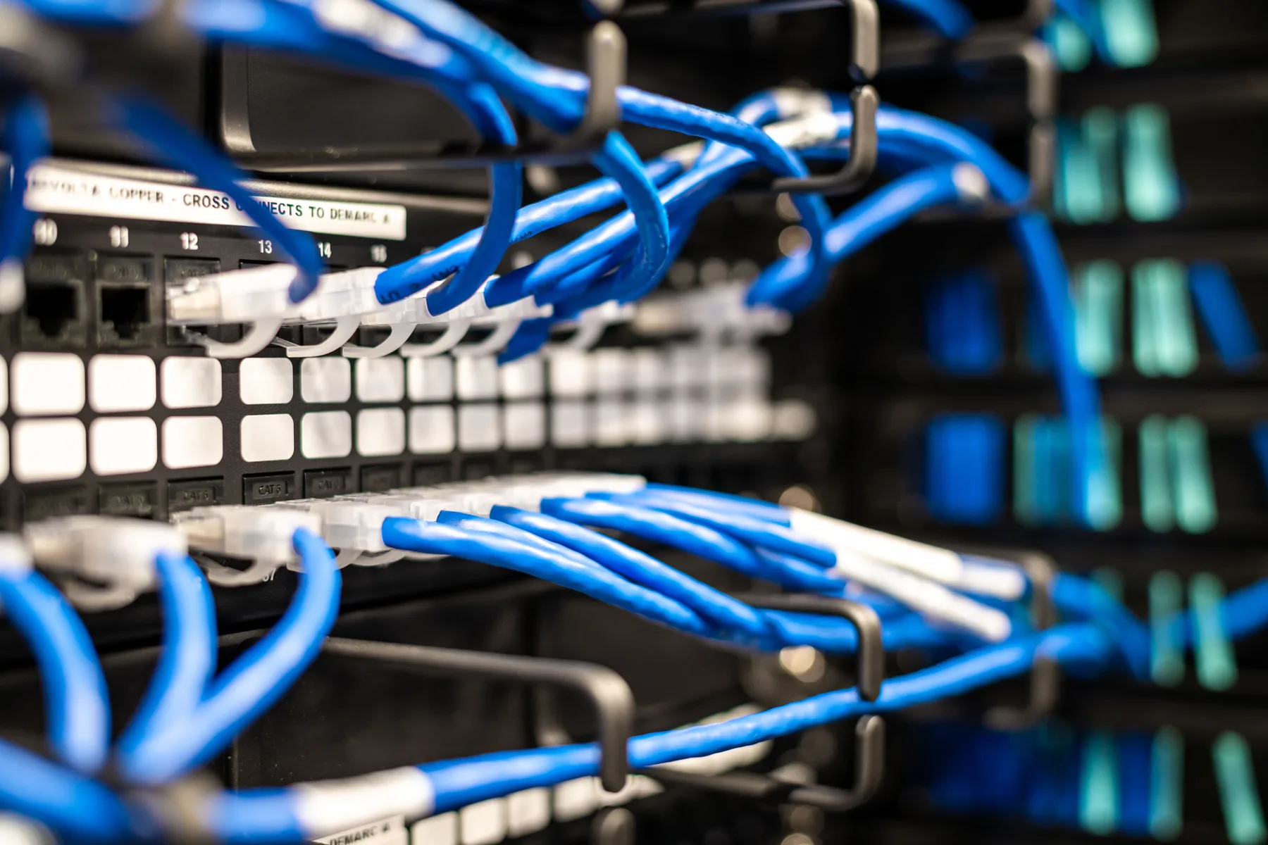 Enterprise network equipment connected with professional cabling.