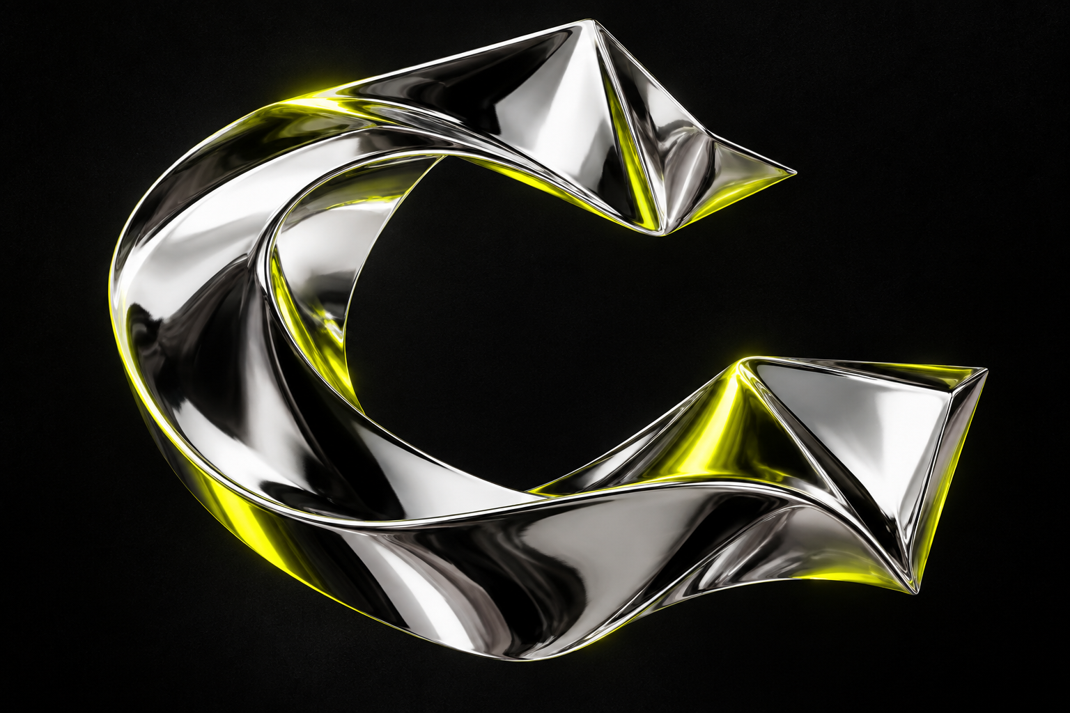 Sculptural chrome ribbon with electric yellow reflections